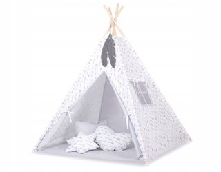 TIPI stan pre deti + karimatka + vankúšiky + prívesky z peria - Sivé šípky